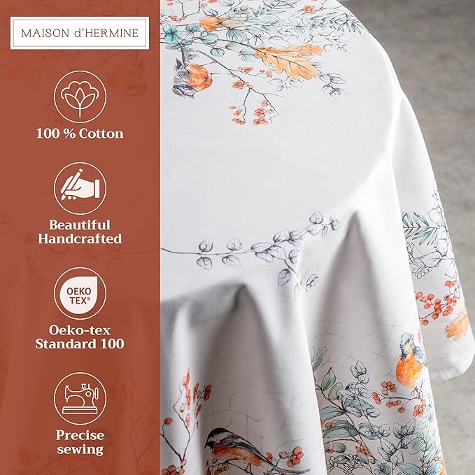 Maison d' Hermine Table Cloth Round Table 100% Cotton 69 Inches Fall Tablecloth Reusable Everyday Use for Thanksgiving Christmas Decorations Dining Farmhouse Party (Whitish Shabby Chique)