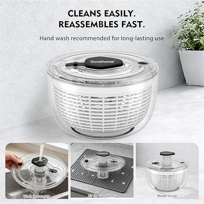 Ourokhome Salad Spinner Lettuce Dryer, One-handed Easy Press Large Vegetable Dryer Salad Mixer with Comfortable and Retractable Pusher and Brake Button for Greens, Herb, Berry, Fruits, 3.8 QT, Black