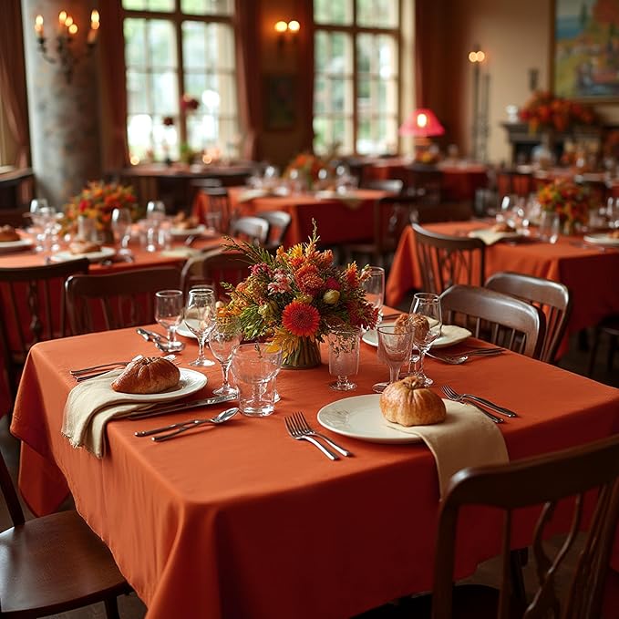 sancua Thanksgiving Square Tablecloths 70x70 Inch Rust, 2 Pack Fabric Fall Table Cloth for Square or Round Tables, Burnt Orange Washable Polyester Table Cover for Dinner, Holiday Party, Display Tables