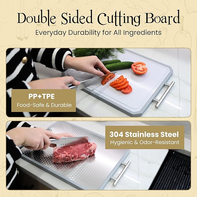Nonstick Honeycomb Hybrid 12.5" Stainless Steel Wok with Lid + Large 304 Steel Cutting Board Double Sided | Premium Kitchen Bundle