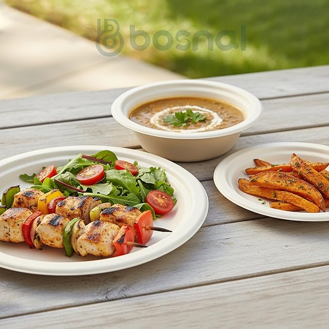 BOSNAL 10 inch & 7 inch Round Plates with 16 oz Bowls – 100% Plant-Based Sugarcane Bagasse, Eco-Friendly Disposable Dinnerware for Hot & Cold Meals, Microwave Safe, Compostable, Durable & Sustainable