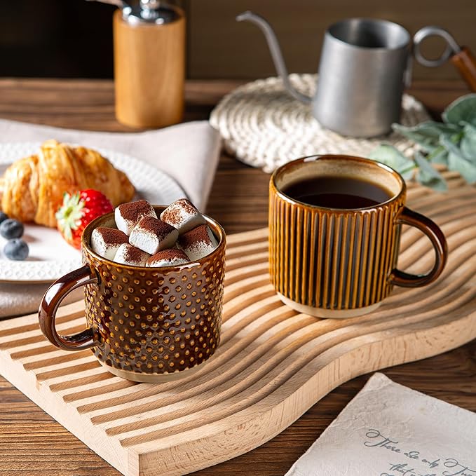 GBhome 8 OZ Stackable Coffee Mugs, Ceramic Coffee Mugs with Texture Patterns for Man,Woman,Dad,Mom, Modern Coffee Cups Set of 4 for Espresso/Cappuccino. Dishwasher&Microwave Safe,