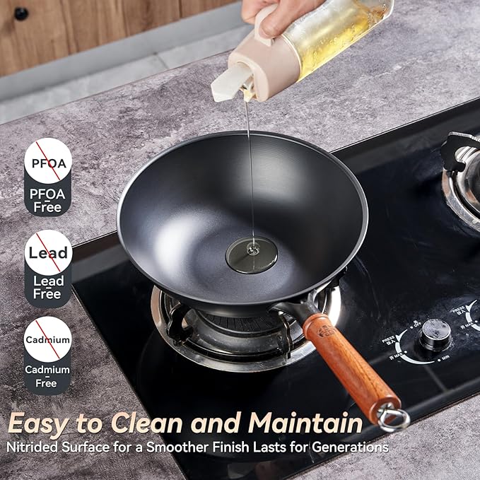 WANGYUANJI 10.2-Inch Lightweight Carbon Steel Wok, Flat Bottom Stir Fry Pan, No Chemical Coating, with Glass Lid, Spatula & Detachable Wooden Handle, for Gas, Electric & Induction