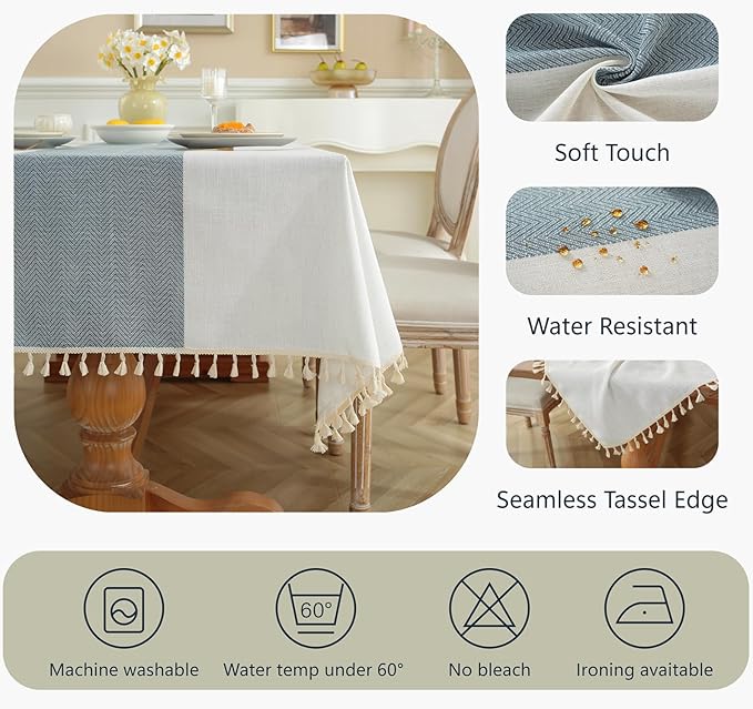 Alsoo Table Cloth Rectangle Table, Cotton Linen Tablecloth Waterproof, Boho Rustic Spring Tables Cover with Tassel for Outdoor Party Kitchen Dining Holiday Decorations (Beige, Blue Stripe, 75''x55'')