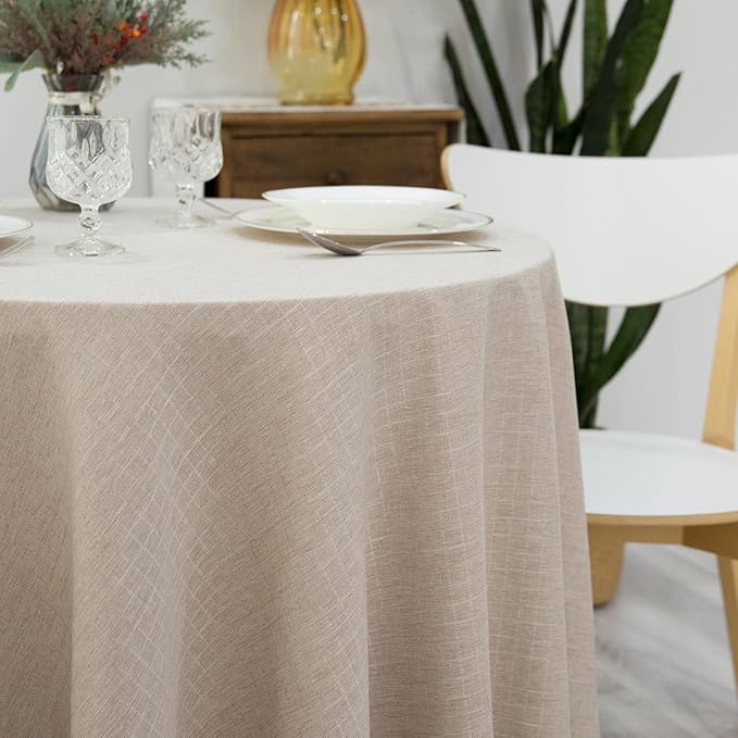 Textured Tablecloth Linen-Look Rustic Burlap Stlye Washable Solid Heavy Weight Lace Trim Fabric Table Cloth,Table Cover for Kitchen Dinning Tabletop Decoration 108 in Round Beige