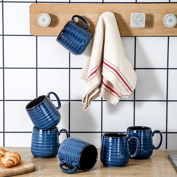 HASENSE Espresso Cups 8 oz, Small Coffee Cups Set of 6, Ceramic Mugs with Handle for Coffee, Tea, Cappuccino and Mocha, Dishwasher & Microwave Safe, Blue