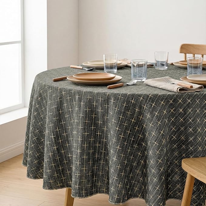 Horaldaily Taupe Round Table Cloth, Cross-Star Solid Textured Embroidery Tablecloth, Wrinkle Free Washable 60×60 Inch Table Cover for Kitchen, Party, Wedding, Picnic, Outdoor