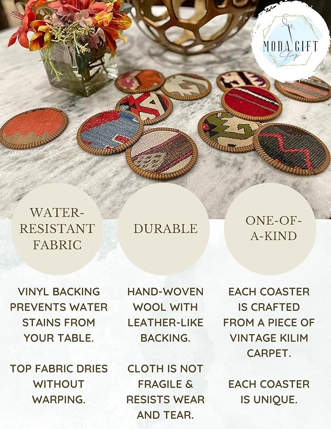 Kilim Fabric Coaster Set, Boho Coaster Set, Midwestern Coasters, Cloth Coaster Set, Authentic Turkish Kilim (8 Coasters)