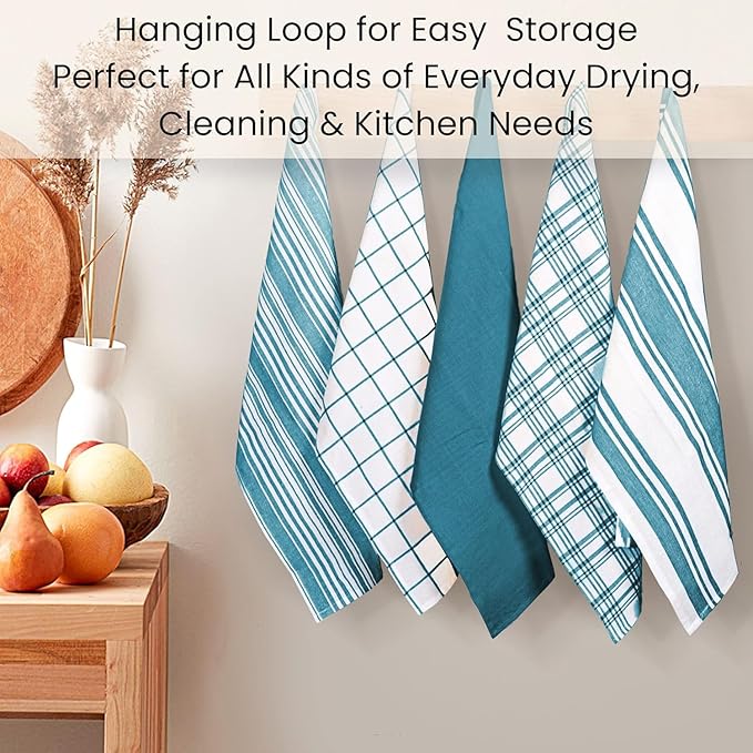 Cotton Clinic Assorted Kitchen Towels 5 Pack – Soft Absorbent Quick Drying Table & Kitchen Linen - Dish Towels, Dish Cloths, Tea Towel and Cleaning Towel with Hanging Loop – 16x28 / Teal Green White