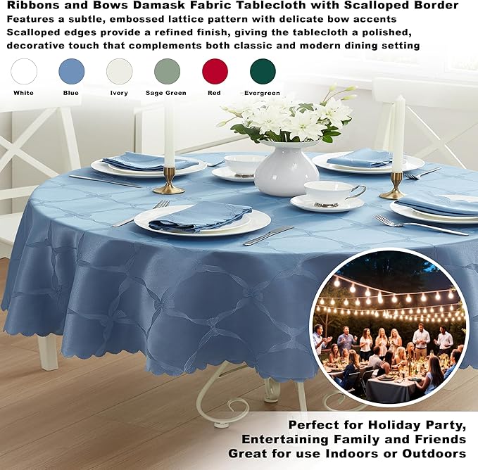 Newbridge Ribbons and Bows Damask Spring & Easter Holiday Fabric Tablecloth, Blue, 60 x 102 Inch Oval, Wrinkle & Stain Resistant Table Cover