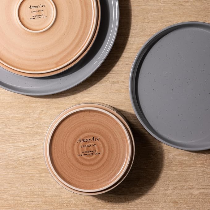 AmorArc Ceramic Dinnerware Set for 8 | Speckled Stoneware Plates and Bowls with Rustic Terracotta Underside| Scratch Resistant,Dishwasher & Microwave Safe Dishes Sets- 24pcs Gray