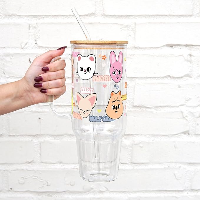 Sip-Sip Hooray! Skzoo Kpop Merch 40oz Glass Gift for Girlfriend, Stray Kids Kpop Tumbler Gift Custom Glass Cup Skz Cute Beer Can Iced Coffee Trendy Glass Cup