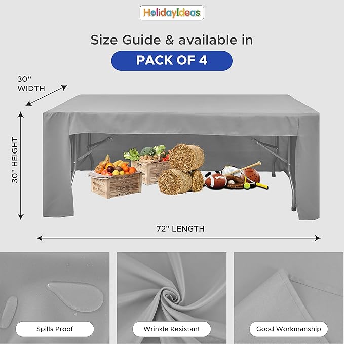 HolidayIdeas Open Back Fitted Tableclothss for 6 Foot Rectangle Table, Wrinkle Resistant Washable Table Covers 72x30 Inch for Craft Fairs, Banquets, Trade Show Display, Siver Grey,4 Pcs