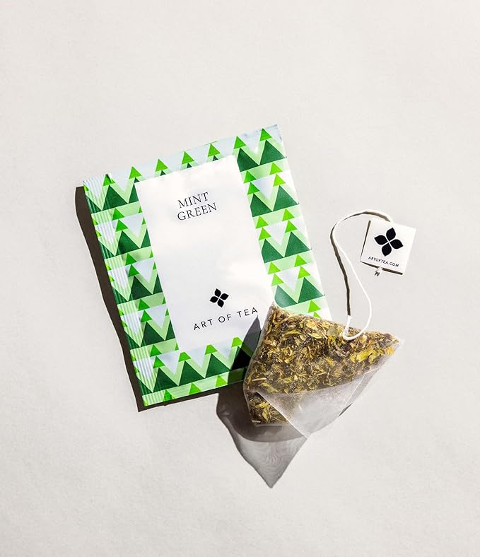 Art of Tea | Organic Mint Green Tea | 12 Count Pyramid Tea Bag Sachets | Spearmint Tea | Organic Peppermint Tea bags