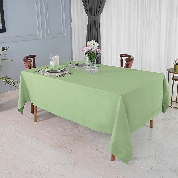 D'Moksha Homes Sage Green Linen Tablecloth for Rectangle Tables 60 x 102 Inch - Classic Hemstitch 100% Pure Linen Green Table Cloth - Machine Washable Dining Tablecloth for St Patricks Day, Easter
