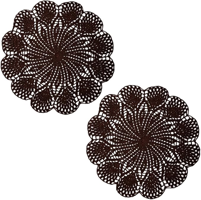 BIBITIME Round Flower Lace Doilies Vase Mats Kitchen Tablecloth Dish Plate Mat Handmade Crochet Table Doily Placemats (Coffee, 11.8 in to 13.8 in,2PCS)