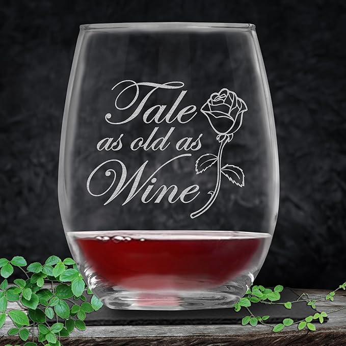 Tale as Old as Wine Engraved Wine Glass – Romantic Rose Glass for Fairytale & Wine Lovers, Gifts for Women, Weddings, and Anniversaries, Unique Birthday, Christmas Gift