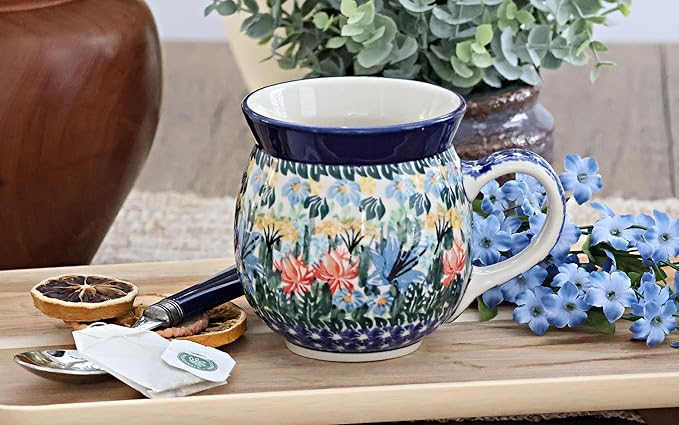 Blue Rose Polish Pottery - Blue Day Lily Bouquet Bubble Mug - 16 oz - Unique Shape Mug for Coffee & Tea