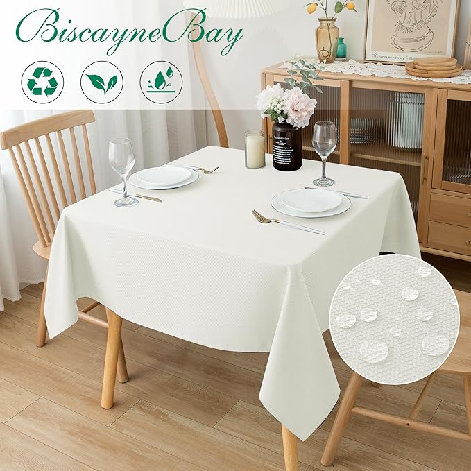 Biscaynebay Textured Fabric Square Tablecloths 54x54 Inches, Ivory Water Resistant Spill Proof Table Cloth Small Card Folding Table Covers for Dining, Kitchen, Wedding and Parties Machine Washable