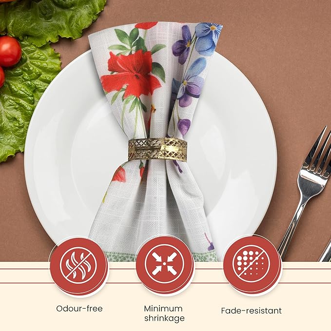 Vintage Vista Cotton Cloth Napkins Set of 4 (17" x 17") - Digital Printed Table Napkins Cloth Washable & Reusable for Everyday Use, Christmas, Thanksgiving, Halloween & More - (Red Flowers)