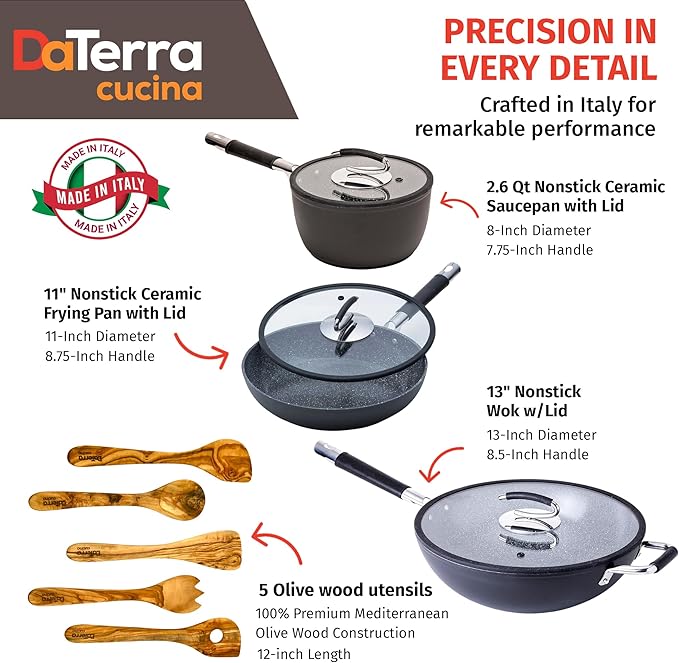 DaTerra Cucina Nonstick Essentials Bundle – 2.6 Qt Sauce Pan, 11" Fry Pan, 13" Wok, All with Lids and 5-Piece Olive Wood Cooking Utensil Set, Oven Safe, Made in Italy – Durable Ceramic Coating, Black