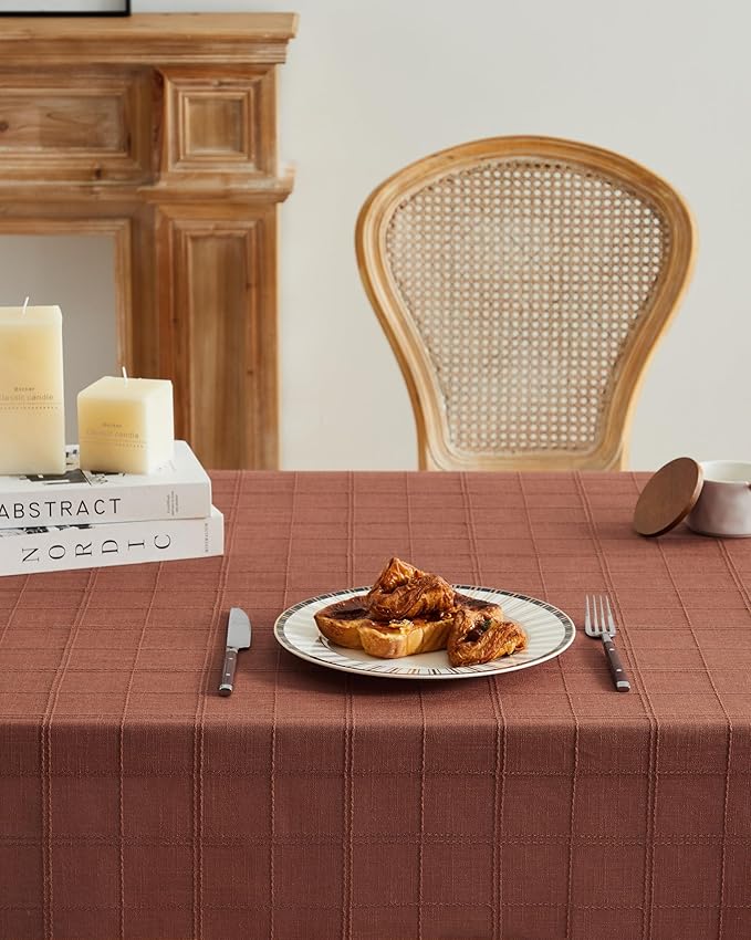 ZeeMart Linen Checked Table Cloth, Farmhouse Style Plaid Embroidered Rust Tablecloth, Water Resistant Rectangle Table Cloth, Terracota 60x104 Inches
