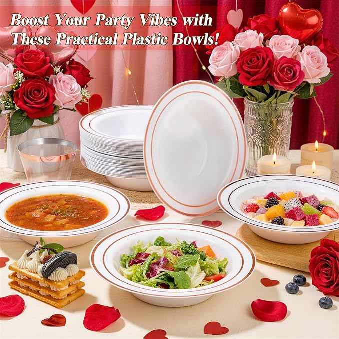 BESTSTAR 100 Pack Disposable Soup Bowls with Rose Gold Rim, 12oz Premium Heavy Duty Plastic Dinner Bowls for Party, Wedding and Holiday