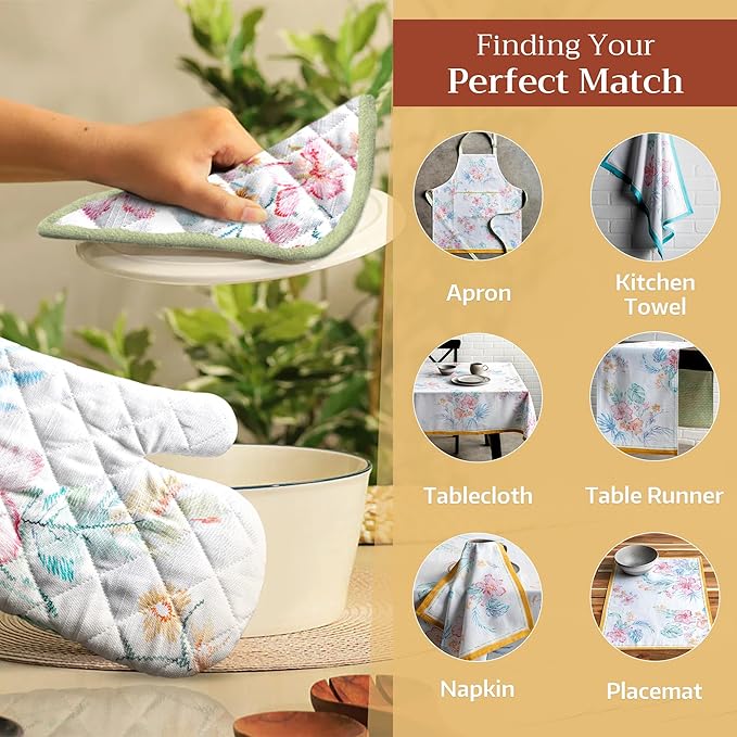 Maison d' Hermine 100% Cotton Oven Mitt & Pot Holder Set (7.5"x13" & 8"x8") Heat Resistant BBQ Cooking Gloves with Loop, Baking, Grilling, Kitchen, Handling Hot Pans Spring/Summer (Paradise Island)