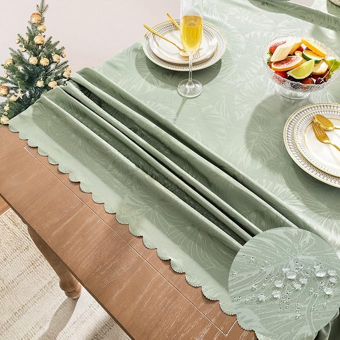 Rectangle Tablecloths 60x102 Inch Waterproof Washable Sage Green Oblong Table Clothes for 6 Foot Tables Leave Pattern Silky Soft Table Covers for Kitchen Dining Birthday Party Banquet
