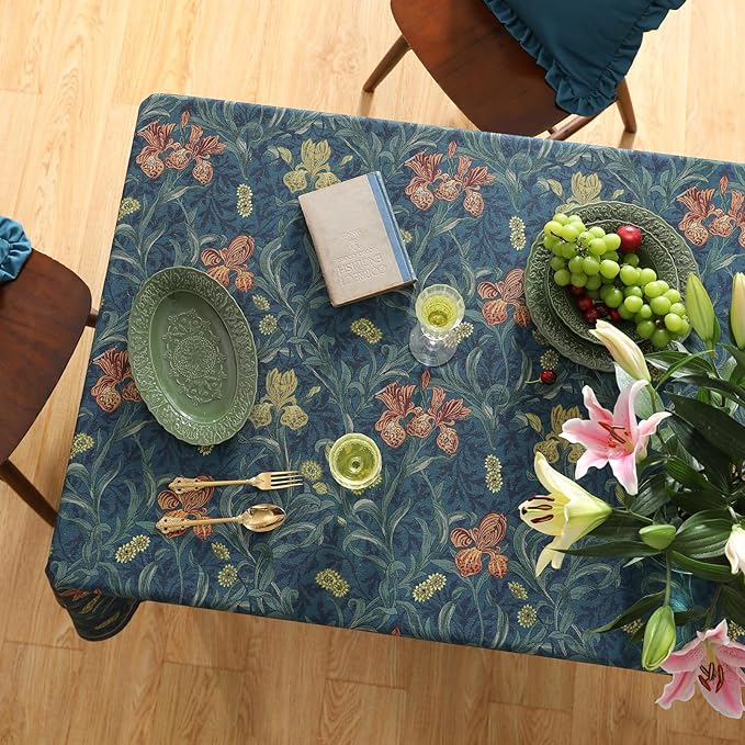 patdrea Designer Dark Blue Linen Rectangle Tablecloth,Vintage French Rustic Floral Pattern Tablecloths,Decorative Table Cover Cloth for Kitchen,Dining,Tea Party,Home,Christmas,63"*102"