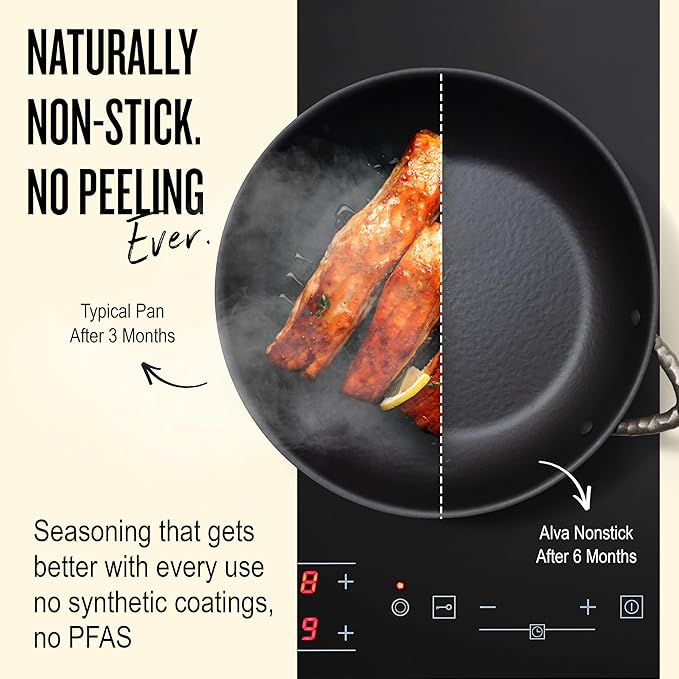 Alva Artist 11” Carbon Steel Frying Pan – Naturally Nonstick, Chemical-Free (No PTFE, PFOA, PFAS), Induction-Ready & Oven-Safe, Built for Lifetime Durability, Pro-Level Heat Control, Belgian Design