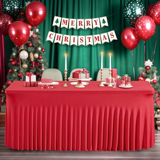 2 Packs Red Spandex Tableclothes for 8 Foot Rectangle Table, Spandex Table Covers 8FT Stretch Table Skirts Wrinkle Free Fitted Table Cloth for Valentines, Event, Wedding, Banquet & Parties