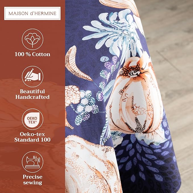 Maison d' Hermine Table Cloth Round Table 100% Cotton 69 Inches Fall Tablecloth Reusable Everyday Use for Thanksgiving Christmas Decorations Dining Farmhouse Party (Pumpkin Blues)