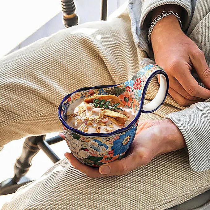 ALMA 2025 Updated Microwavable Soup Bowl with Large Long Handle,18oz Soup Bowl Giftable for Women,Unique Cereal Bowl for Soup,Yogurt,Snack,Chip,Stew,Ice cream-Wildflower Waltz Theme