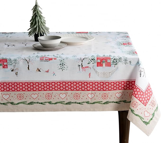 Maison d' Hermine Table Cloth Rectangle Table 100% Cotton 60 x 120 Inches Fall Tablecloth Reusable Everyday Use for Thanksgiving Christmas Decorations Dining Farmhouse Party (Rural Christmas)