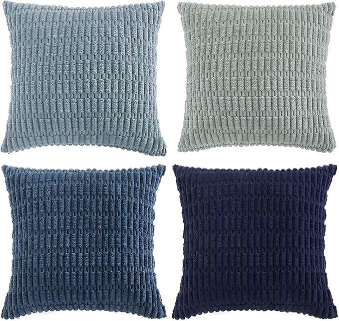 Fancy Homi Set of 4 Blue Boho Decorative Throw Pillow Covers 22x22 Inch for Couch Bed Sofa, Aesthetic Modern Bohemian Room Decor, Soft Fuzzy Cozy Corduroy Textured Coastal Blue Cushion Case 55x55cm