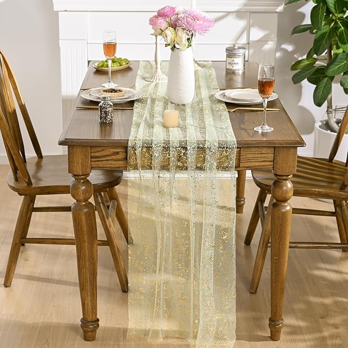 Artoid Mode 10PCS Sage Green Gold Gauze Table Runner 120 Inch 10FT, Glitter Metallic Foil Sheer Dining Wedding Anniversary Holiday Birthday Table Decor for Home Party