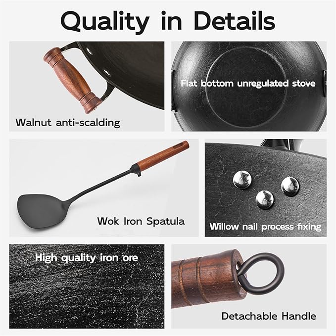 WANGYUANJI 12.6 Inch Iron Wok with Wooden Lid and Spatula, Flat Bottom Chemical-Free Uncoated Stir Fry Pan for Induction, Gas and Electric Stoves