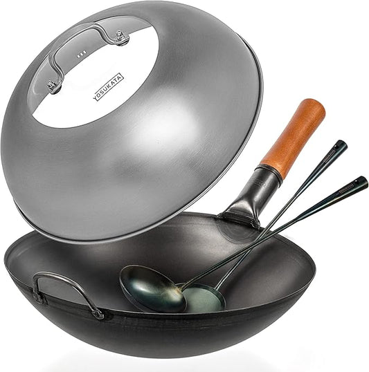 YOSUKATA Black Carbon Steel Wok Pan 14" (Round Bottom) With Lid 13.6 Inch - Premium Stainless Cover + Pre-Seasoned - Blue Carbon Steel 17-inch Spatula, Ladle, 3 Pairs of Chopsticks
