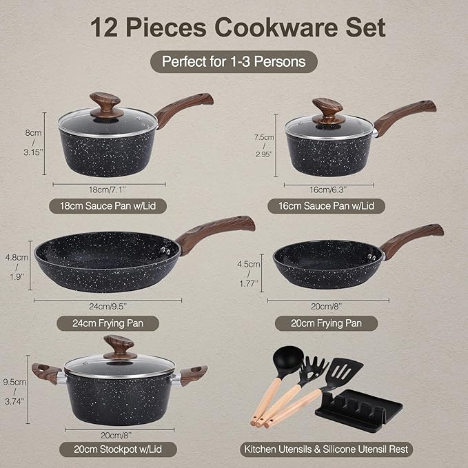 Pots and Pans Set Non Stick, 12pcs Black Ceramic Cookware Set, Non-toxic Induction Cookware Kitchen Cooking Set, PFAS and PFOA Free