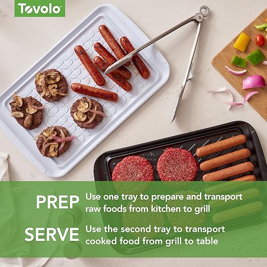 Tovolo Grilling Platters for Outdoor Grill BBQ Prep and Serve Trays Set of 2 Black White, Dishwasher Safe BPA Free Nesting Non Slip Serving Trays for Burgers Steaks Meat Veggies Toppings 17 x 10 x 2