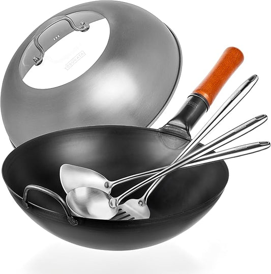 YOSUKATA Carbon Steel Wok Pan – 13,5 “ Stir Fry Pans with Flat Bottom + Stainless Steel Wok Lid 12.8 In + 17" Spatula and Ladle and Turner Spatula