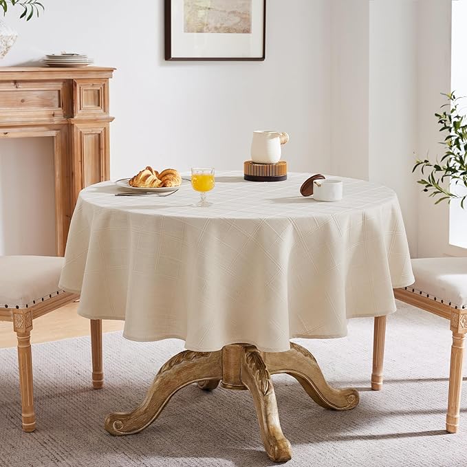 ZeeMart Linen Checked Table Cloth, Farmhouse Style Plaid Embroidered Neutral Tablecloth, Water Resistant Round Table Cloth, Beige 52 Inch Round