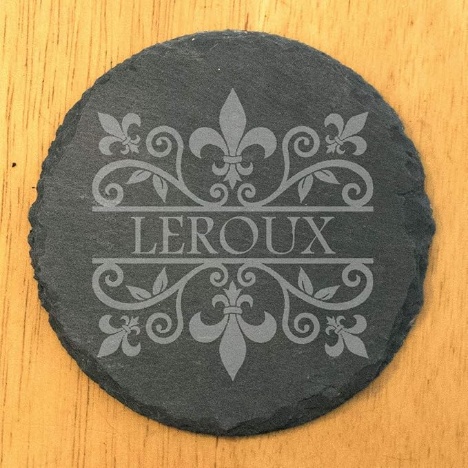 A Touch of Class: Personalized Fleur de Lis Coasters with Monogram - Round Slate - Set of 8