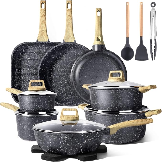 GiPP 21Psc Pots and Pans Set Non Stick - Grey Ceramic Kitchen Cookware Sets Nonstick Induction Cookware Non-toxic Cooking Pan Set with Silicone Utensils, PFOS and PFOA Free