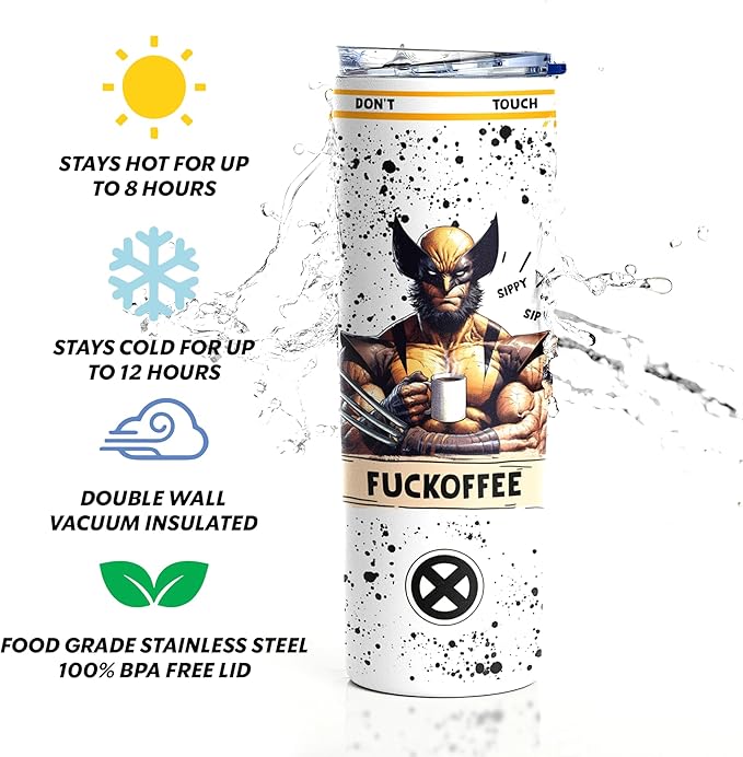 Wolverine Fuckoffee Tumbler, X-Men Tumbler Insulated, Sippy Sip Funny Novelty Gifts, Team Logan, Birthday Christmas Any Occasion Gift, Coffee Drinker - 20 Oz