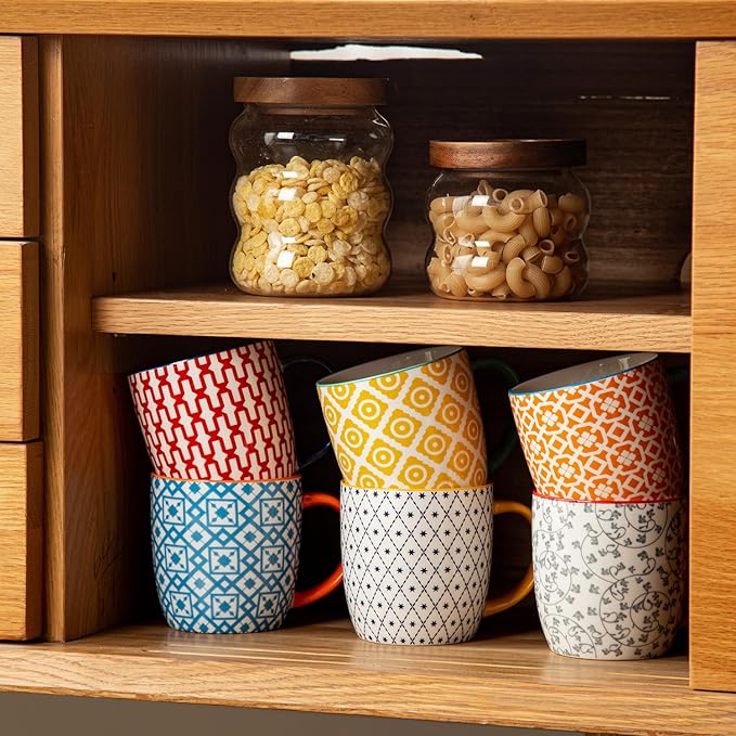 Ceramic Coffee Mugs Set - 10 Oz Large Porcelain Tea Cups with Handle for Cappuccino Latte Cocoa Milk Tea - Christmas Housewarming Gift - Microwave Dishwasher Safe - Set of 6 - Assorted Colors