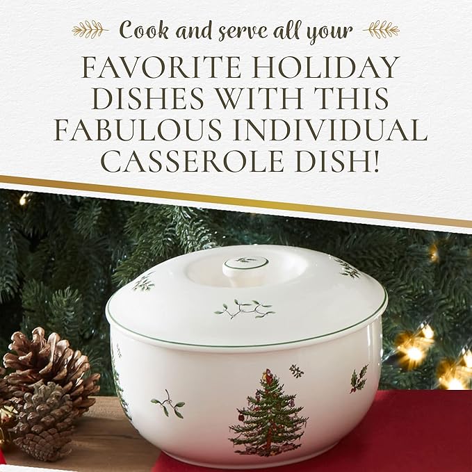 Spode Christmas Tree 1 Quart Round Casserole Dish with Lid - Stoneware Baking Dish for Holiday Desserts - Oven to Table Bakeware & Dishwasher Safe - Festive Holiday Serveware for Christmas Table