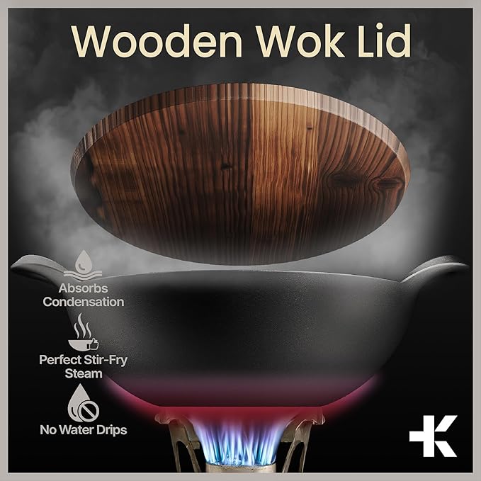 Bakken Pre-Seasoned Cast Iron Wok with Wooden Lid, 14" Stir Fry Pan for Gas, Electric, Induction & Open Fir, Heavy-Duty Flat Bottom Wok with Dual Handles for Even Heating & High-Heat Cooking, 8.8 lbs