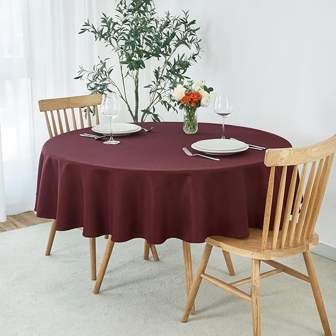 maxmill Round Weaved Texture Design Tablecloth Spill-Proof Wrinkle Free Soft Washable Table Cloth for Circular Table Cover, for Dining Room Buffet Banquet Parties Holiday Dinner, 70 Inch Burgundy
